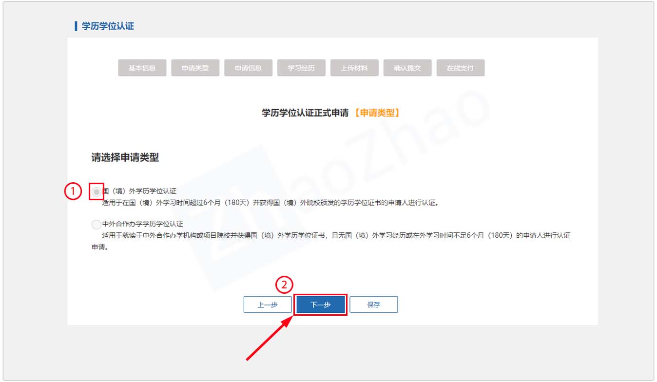 Screenshot of the website of Chinese Service Center for Scholarly Exchange (CSCSE) showing the procedures for submitting a degree authentication application.