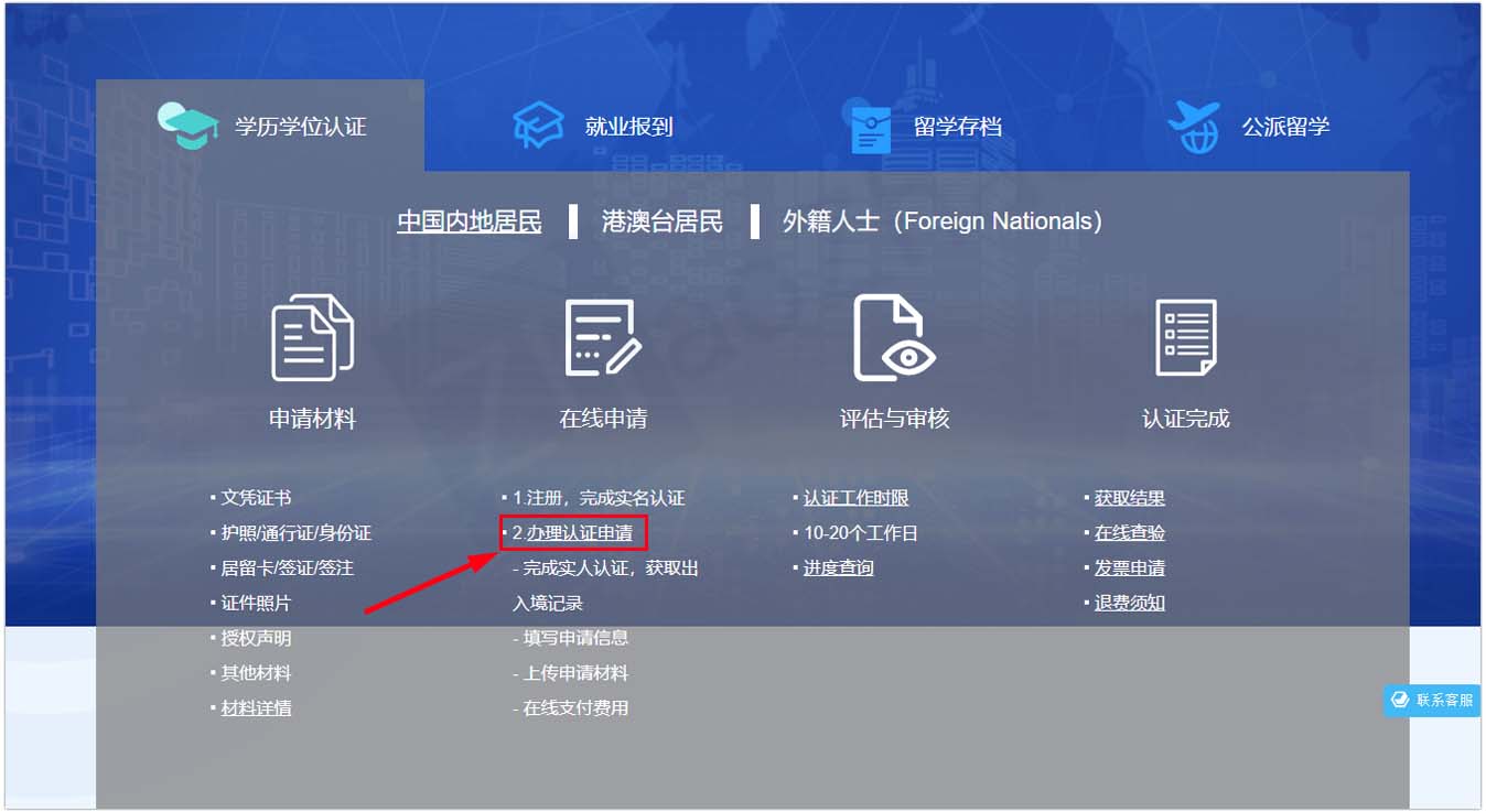 Screenshot of the website of Chinese Service Center for Scholarly Exchange (CSCSE) showing the procedures for submitting a degree authentication application.