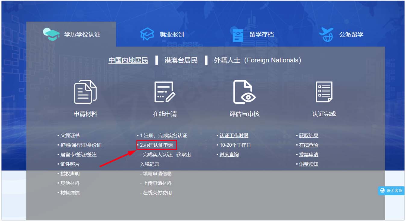 留学服务中心官网截图显示提交学位认证申请流程。